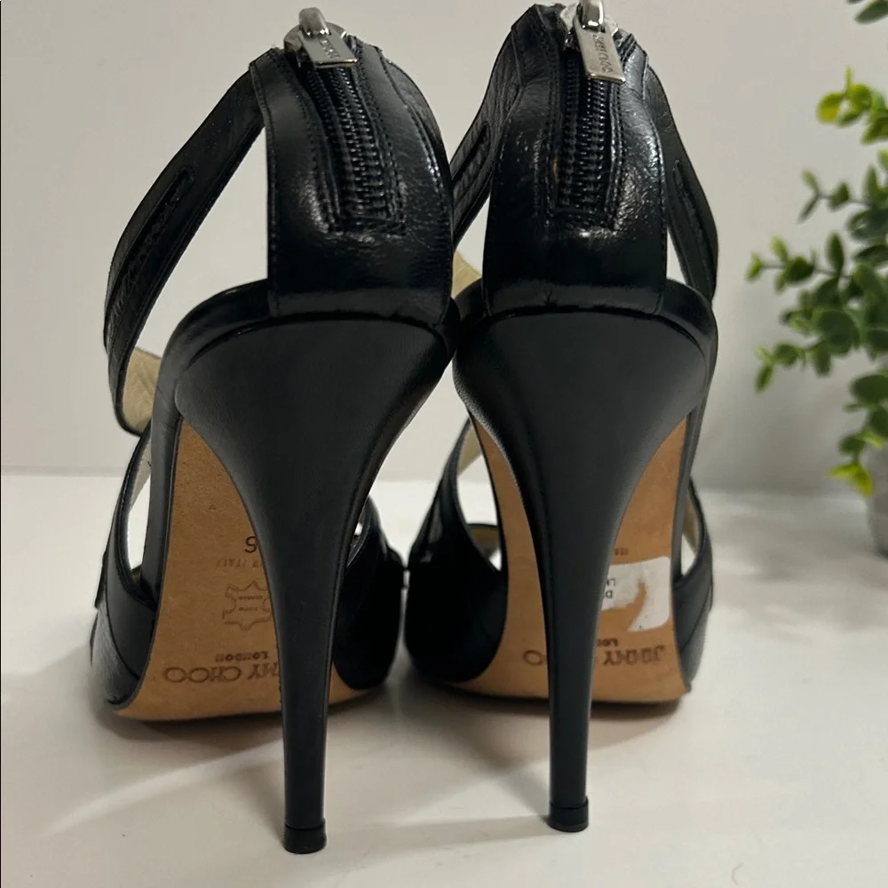 Jimmy Choo Black Patent Leather Strappy Peep-Toe Heels